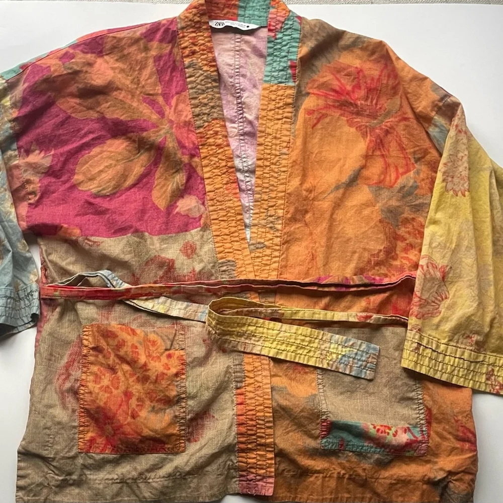 ZARA Patchwork Kimono Jacket Belted SashBoho Artisan Floral Print m /L - Picture 9 of 11